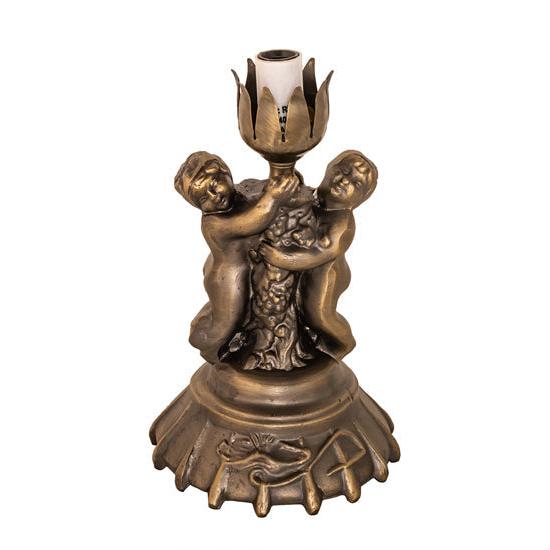 Meyda Lighting Tiffany Pond Lily 13" Antique Brass Twin Cherub Table Lamp With Pink & Blue Shade Glass