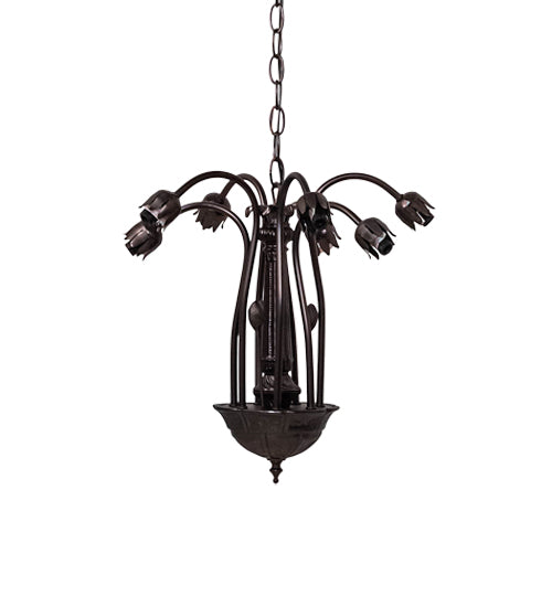 Meyda Lighting Tiffany Pond Lily 24" 7-Light Mahogany Bronze Chandelier With Red & White Shade Glass
