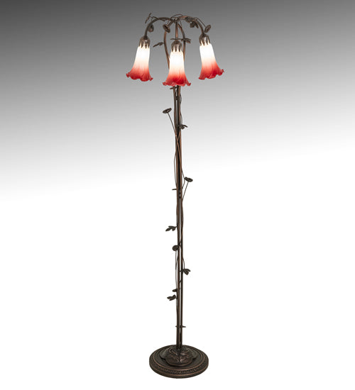 Meyda Lighting Tiffany Pond Lily 58" 3-Light Mahogany Bronze Floor Lamp With Pink & White Shade Glass