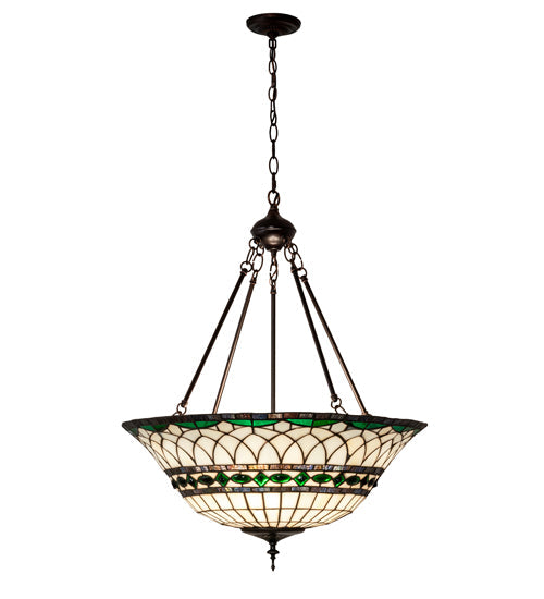 Meyda Lighting Tiffany Roman 24" 3-Light Mahogany Bronze Inverted Pendant Light With Green and Beige Shade Glass