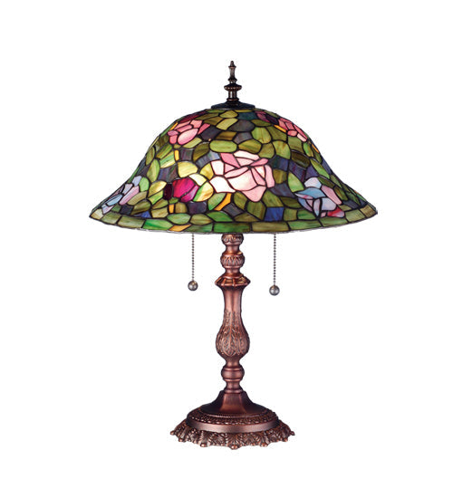 Meyda Lighting Tiffany Rosebush 22" 2-Light Mahogany Bronze Table Lamp With Multi-Colored Shade Glass
