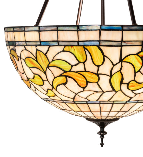Meyda Lighting Tiffany Turning Leaf 20" 3-Light Mahogany Bronze Inverted Pendant Light With Green & Beige Stained Shade Glass