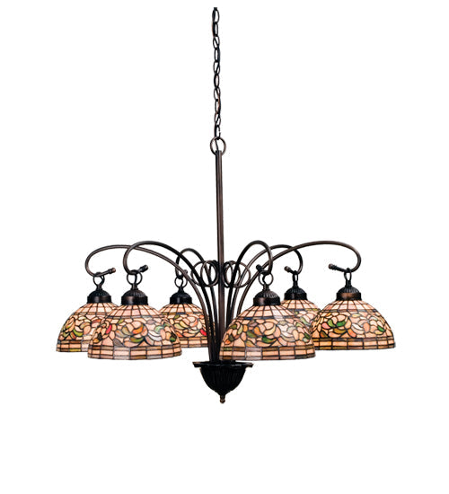 Meyda Lighting Tiffany Turning Leaf 31" 6-Light Mahogany Bronze Chandelier With Multi-Colored Shade Glass