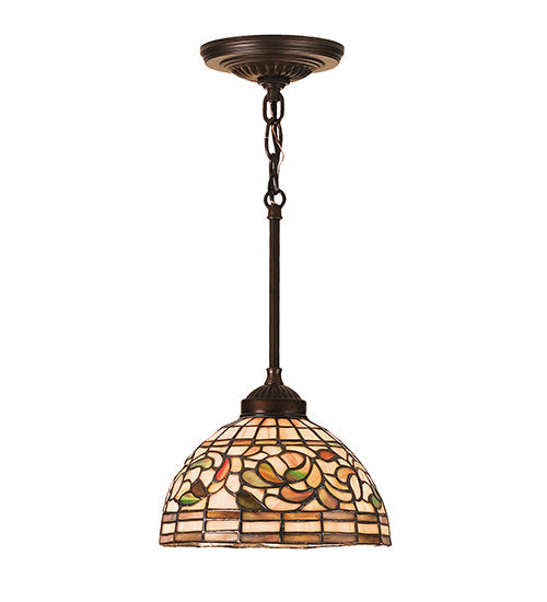 Meyda Lighting Tiffany Turning Leaf 8" Mahogany Bronze Mini Pendant Light With Multi-Colored Shade Glass