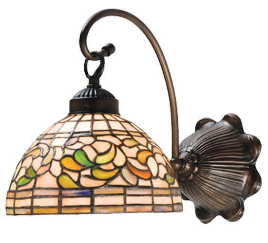 Meyda Lighting Tiffany Turning Leaf 8" Mahogany Bronze Wall Sconce With Multi-Colored Shade Glass