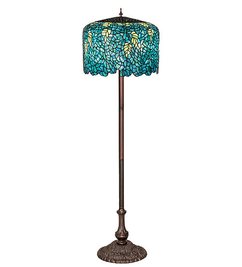 Meyda Lighting Tiffany Wisteria 252160 62" 3-Light Mahogany Bronze Floor Lamp With Green & Blue Stained Shade Glass