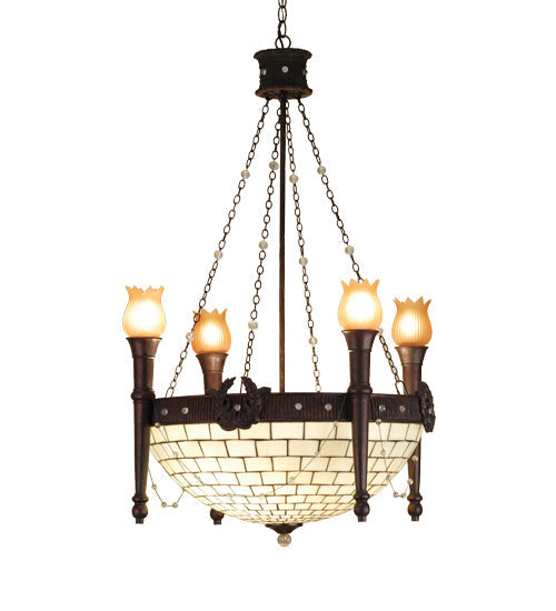 Meyda Lighting Torch & Wreath 30" 4-Light Mahogany Bronze Chandelier With Amber & Beige Shade Glass