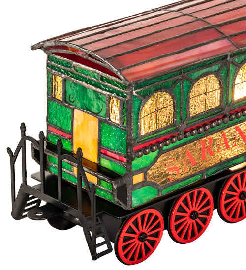 Meyda Lighting Train 8"H x 11"W 2-Light Black Carriage Lighted Sculpture Table Lamp With Multi-Colored Shade Glass