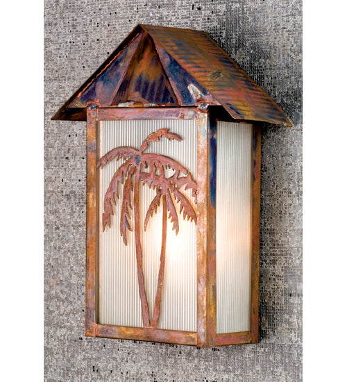 Meyda Lighting Tropical Floral 10" Vintage Copper Palm Tree Wall Sconce With Frosted Reeded Shade Glass