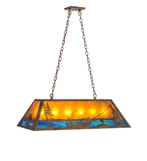 Meyda Lighting Trout & Fisherman 42" 6-Light Antique Copper Island Pendant Light With Amber Mica & Blue Shade Glass