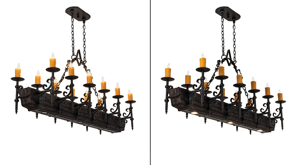 Meyda Lighting Tudor 60" 15-Light Wrought Iron & Wood Grain Island Chandelier With Amber Faux Candlelight