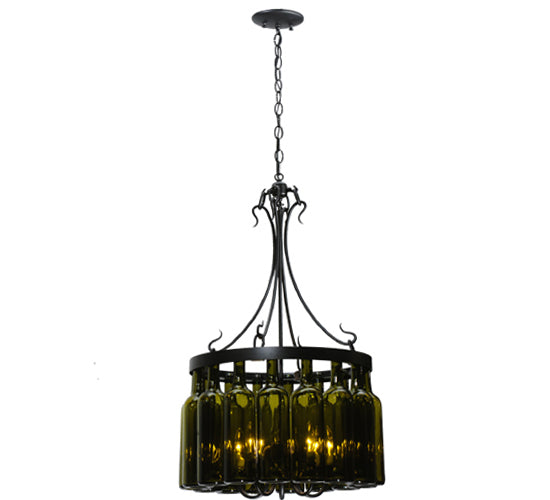 Meyda Lighting Tuscan Vineyard 19" 5-Light Textured Black Villa Chandelier With 16 Wine Bottle Green Mica Shade Glass