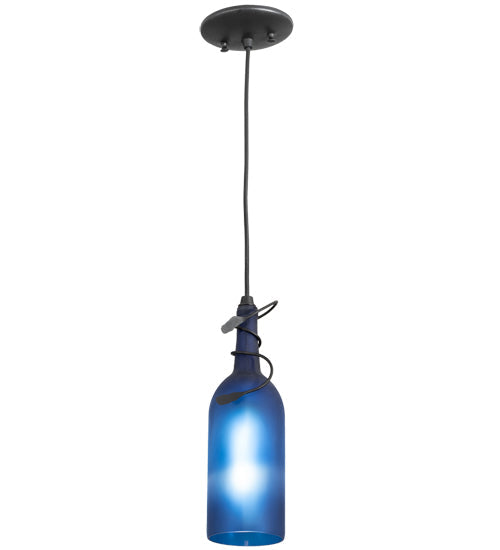 Meyda Lighting Tuscan Vineyard 5" Black Mini Pendant Light With Frosted Blue Wine Bottle Shade Glass