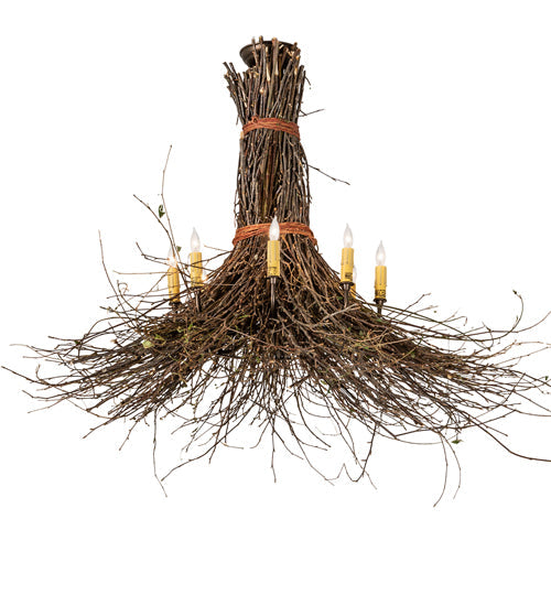 Meyda Lighting Twigs 251958 36" 8-Light Antique Copper & Natural Wood Chandelier With Ivory Faux Candlelight
