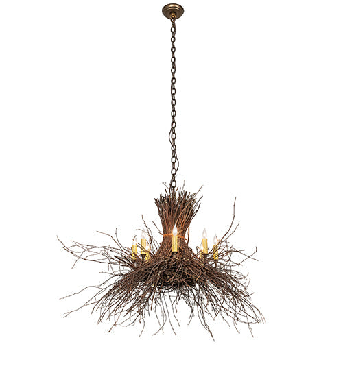 Meyda Lighting Twigs 260850 36" 8-Light Antique Copper & Natural Wood Chandelier With Ivory Faux Candlelight