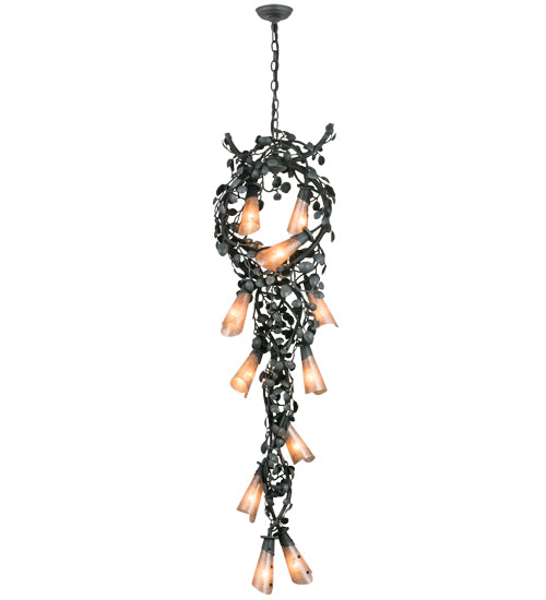 Meyda Lighting Vinca Vine 18" 12-Light Antique Iron Gate Pendant Light With Silver Mica Trumpet Shade Glass