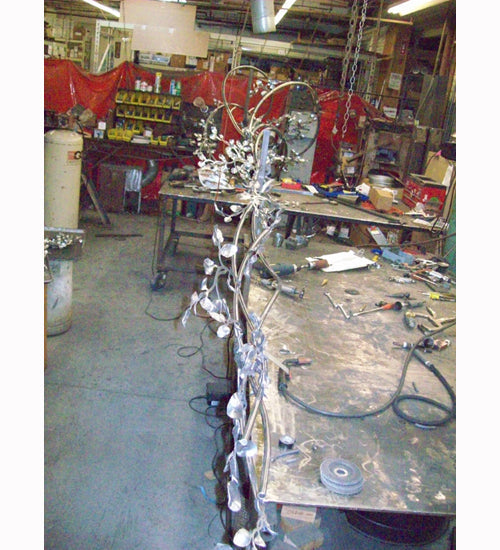 Meyda Lighting Vinca Vine 54" 30-Light Rust Over Wrought Iron Chandelier With Silver Mica Shade Glass