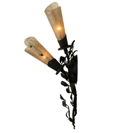 Meyda Lighting Vinca Vine 6" 2-Light Old Wrought Iron Wall Sconce With Silver Mica Shade Glass
