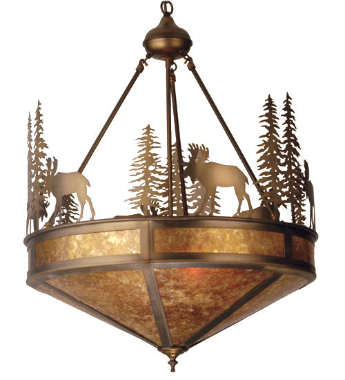Meyda Lighting Wandering Moose 24" 4-Light Antique Copper Inverted Pendant Light With Amber Mica Shade Glass