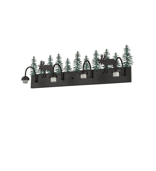 Meyda Lighting Wandering Moose 35" 4-Light Oil Rubbed Bronze & Green Trees Vanity Light With White Shade Glass