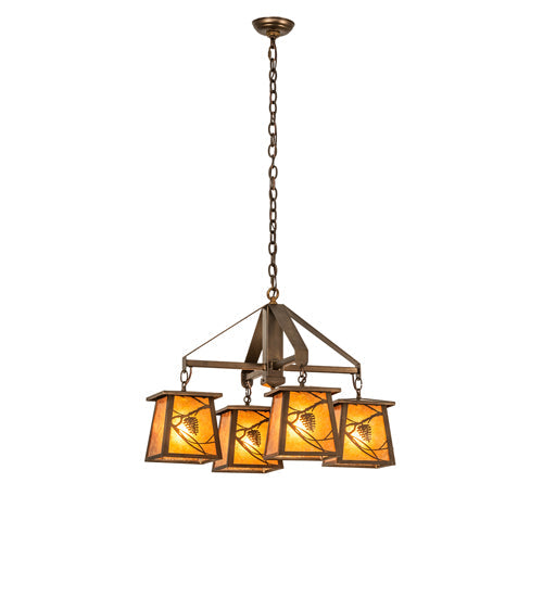 Meyda Lighting Whispering Pines 28" 4-Light Antique Copper Chandelier With Amber Mica Shade Glass