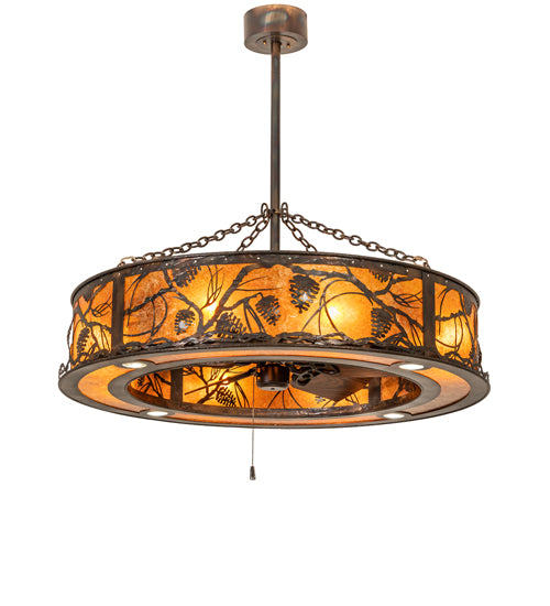 Meyda Lighting Whispering Pines 45" 12-Light Dark Burnished Antique Copper Chandelier With Amber Mica Shade Glass and Fan