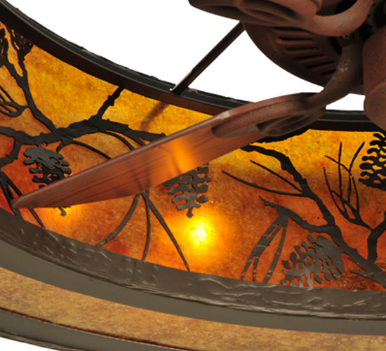 Meyda Lighting Whispering Pines 45" 12-Light Oil Rubbed Bronze Chandelier With Amber Mica Shade Glass and Fan