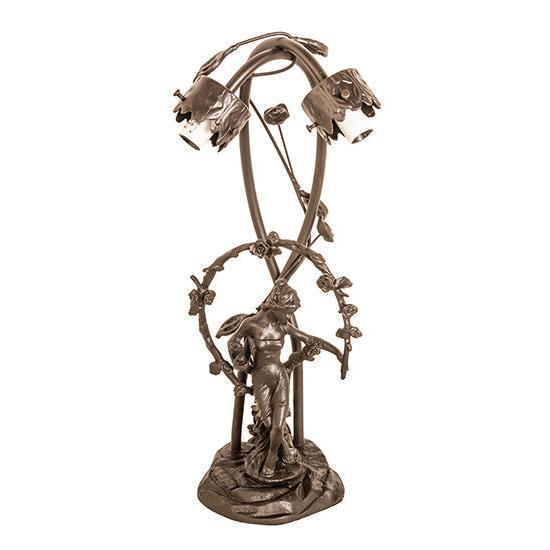 Meyda Lighting White Tiffany Pond Lily 17" 2-Light Mahogany Bronze Trellis Girl Table Lamp With White Shade Glass
