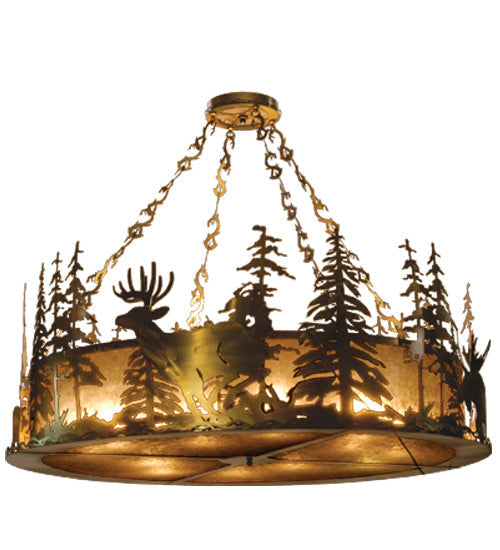 Meyda Lighting Wildlife at Dusk 78" 12-Light Antique Copper Inverted Pendant Light With Silver Mica Shade Glass