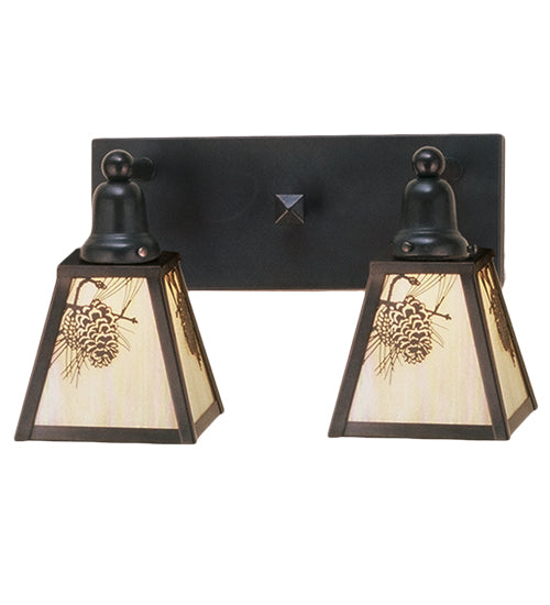 Meyda Lighting Winter Pine 17" 2-Light Craftsman Brown Vanity Light With Beige Iridescent Shade Glass