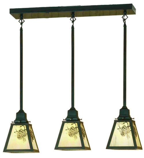 Meyda Lighting Winter Pine 24" 3-Light Craftsman Brown Island Pendant Light With Beige Iridescent Shade Glass