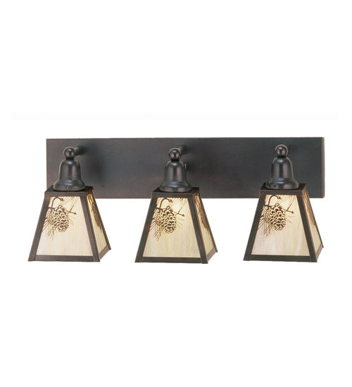 Meyda Lighting Winter Pine 24" 3-Light Craftsman Brown Vanity Light With Beige Iridescent Shade Glass