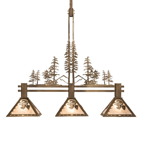 Meyda Lighting Winter Pine 251561 45" 3-Light Antique Copper Tall Pines Island Pendant Light With Silver Mica Shade Glass