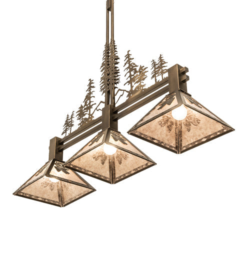 Meyda Lighting Winter Pine 251561 45" 3-Light Antique Copper Tall Pines Island Pendant Light With Silver Mica Shade Glass
