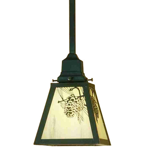 Meyda Lighting Winter Pine 6"Sq Craftsman Brown Mini Pendant Light With Beige Iridescent Shade Glass
