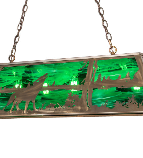 Meyda Lighting Wolf at Lake 48" 6-Light Antique Copper Island Pendant Light With Emerald Green Art Shade Glass