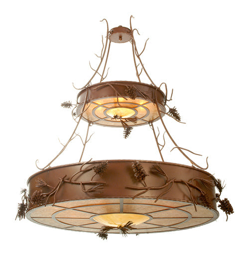 Meyda Lighting Woodland Pine 58" 12-Light 2-Tier Rust Inverted Pendant Light With Amber Mica & Beige Iridescent Shade Glass