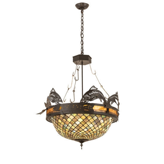 Meyda Tiffany Catch of the Day Fishscale 33" Timeless Bronze Inverted Pendant Light With Green Shade Glass