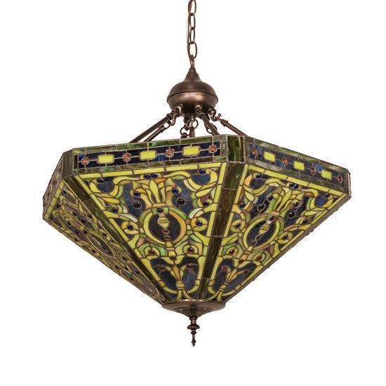 Meyda Tiffany Elizabethan 26" Mahogany Bronze Inverted Pendant With Green & Blue Shade Glass