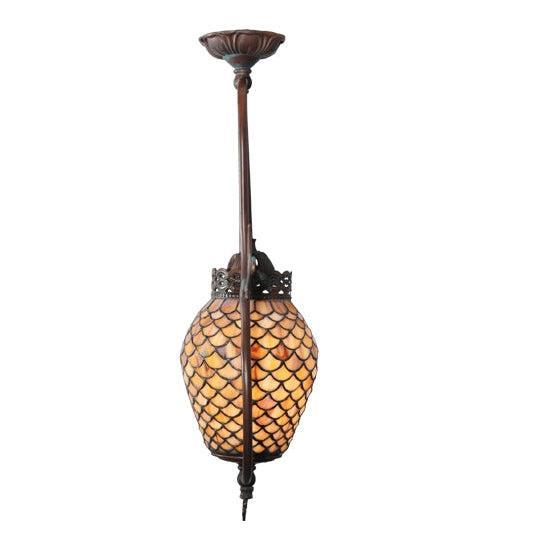 Meyda Tiffany Fishscale 17" Mahogany Bronze Pendant Light With Beige Shade Glass