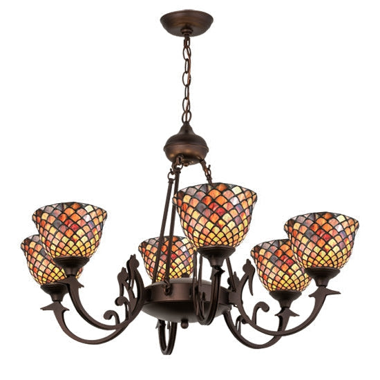 Meyda Tiffany Fishscale 32" 6-Light Antique Chandelier With Multi-Colored Shade Glass