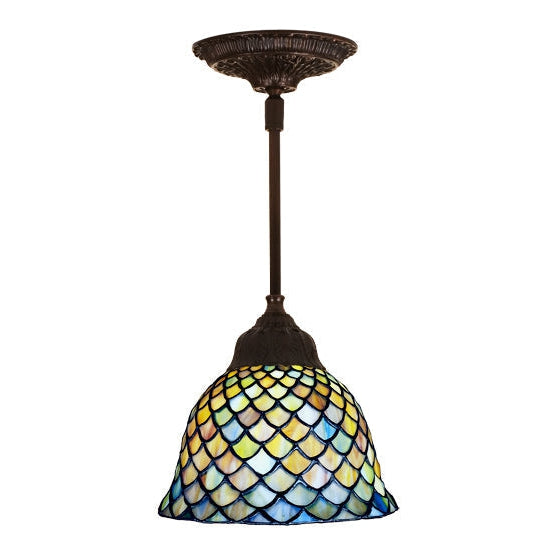 Meyda Tiffany Fishscale 8" Mahogany Bronze Mini Pendant Light With Multi-Colored Shade Glass