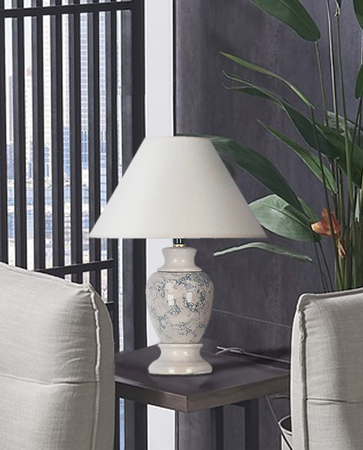 Ore International 13"H Urn-Shaped Ceramic Table Lamp In Ivory With A Marble Texture