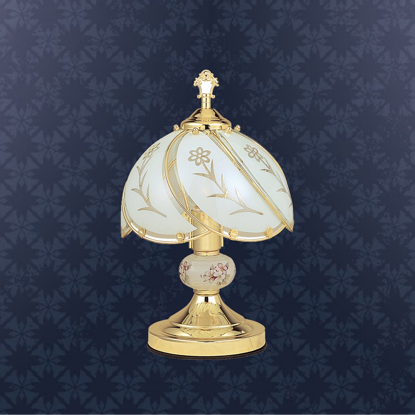 Ore International 14" Floral Etched White Touch-On Brass Table Lamp