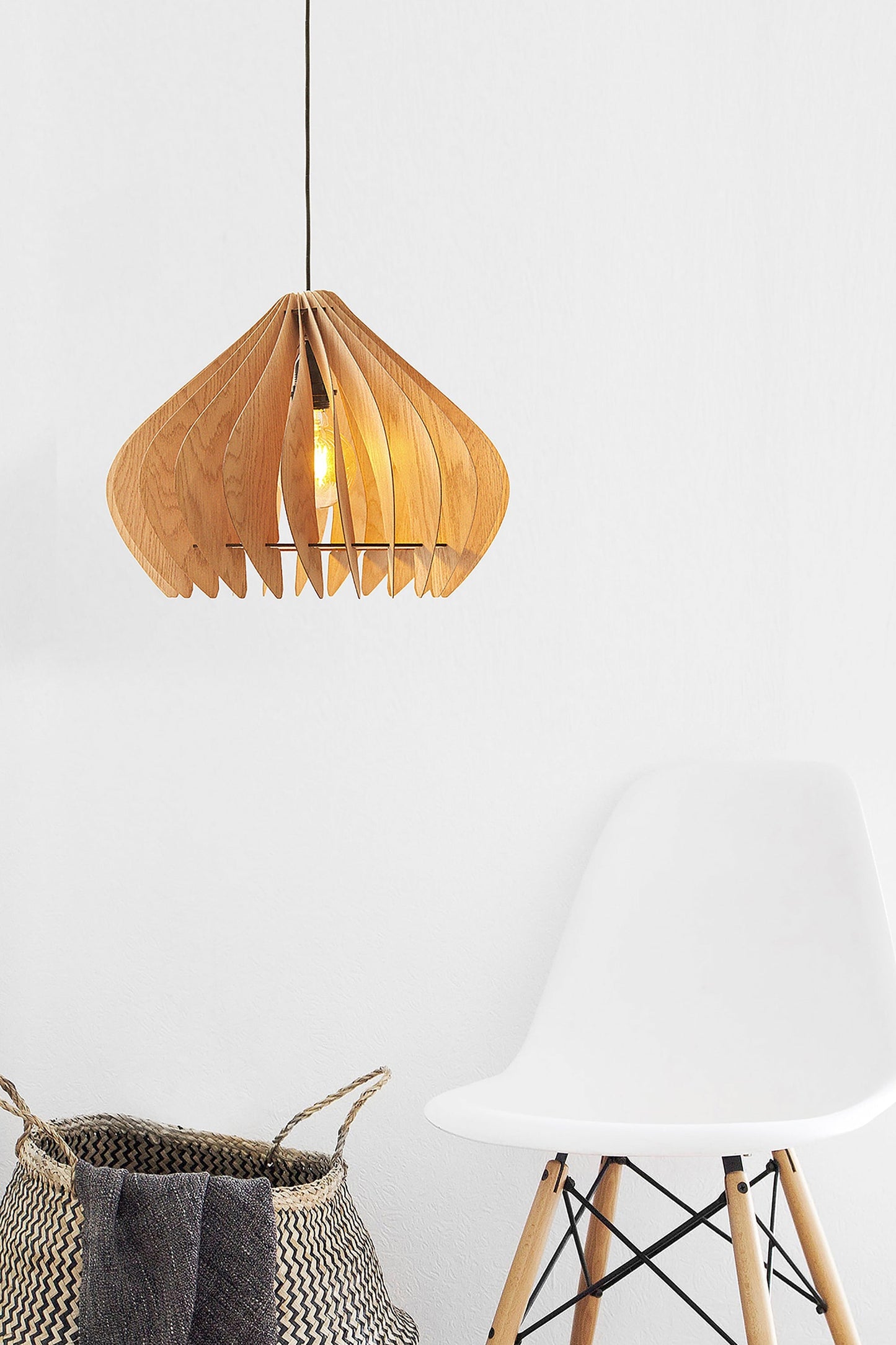 Ore International 14"H White Oak Wood Hardwired Pendant Light