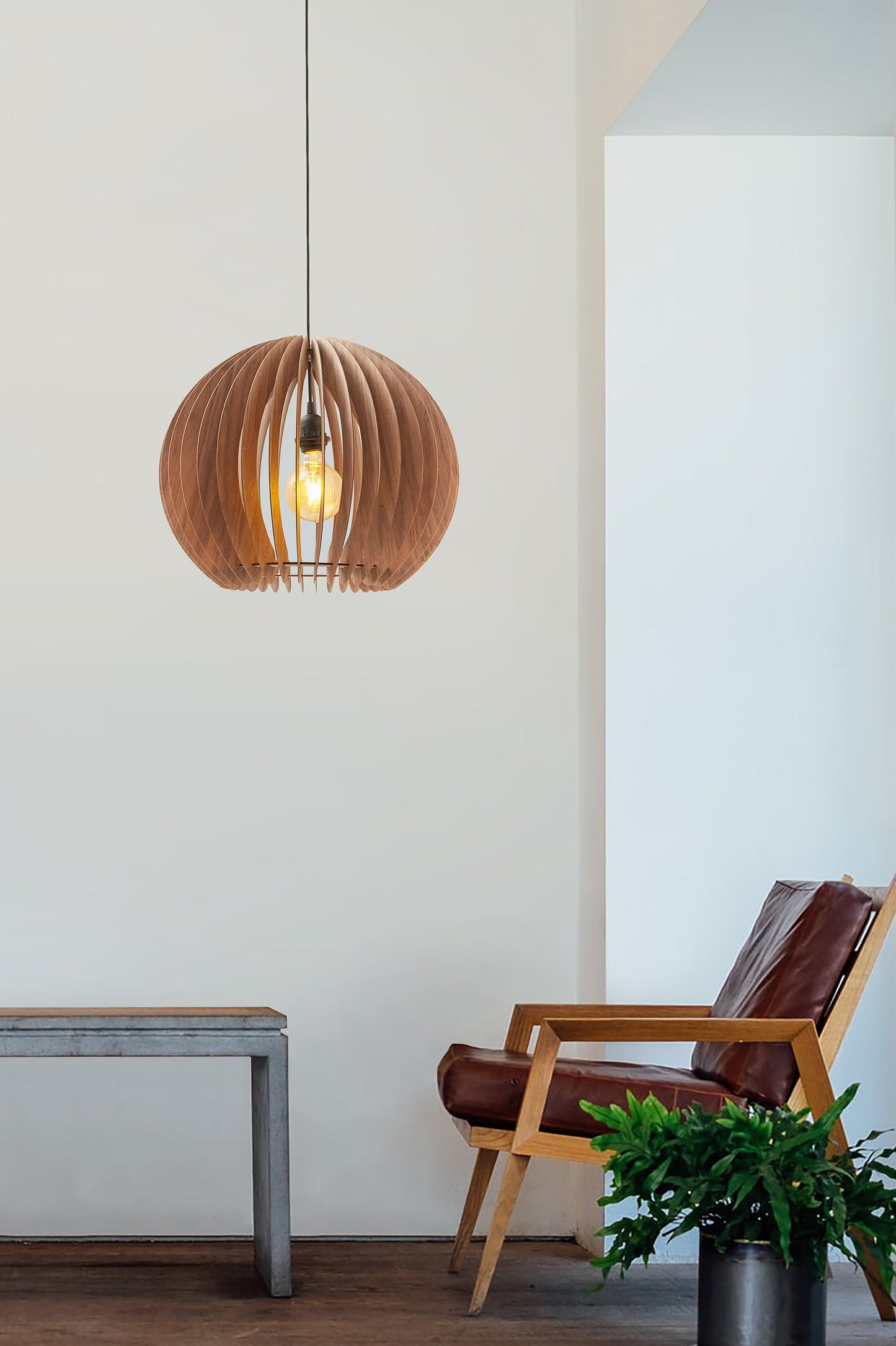 Ore International 16"H Katana Walnut Wood Dome Hardwired Pendant Light