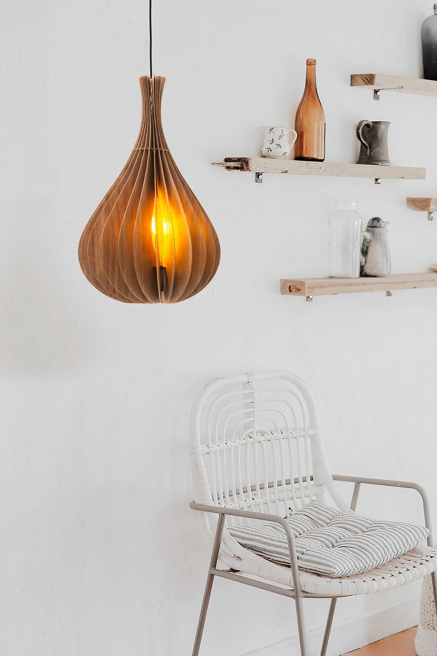 Ore International 20"H Calabash Walnut Wood Hardwired Ceiling Pendant & Table Lamp