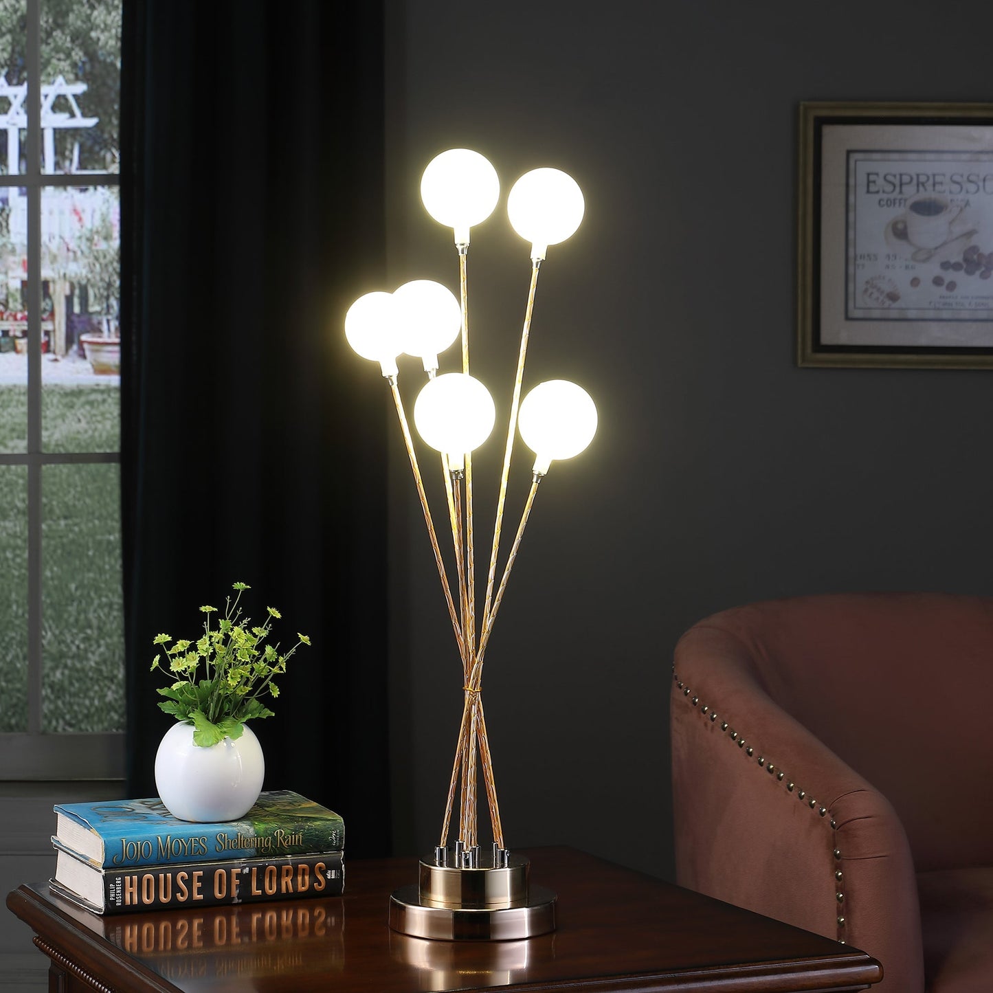 Ore International 28"H 6-Light Acrylic Globe Aluminun LED Chrysanthe Yellow Gold Metal Table Lamp