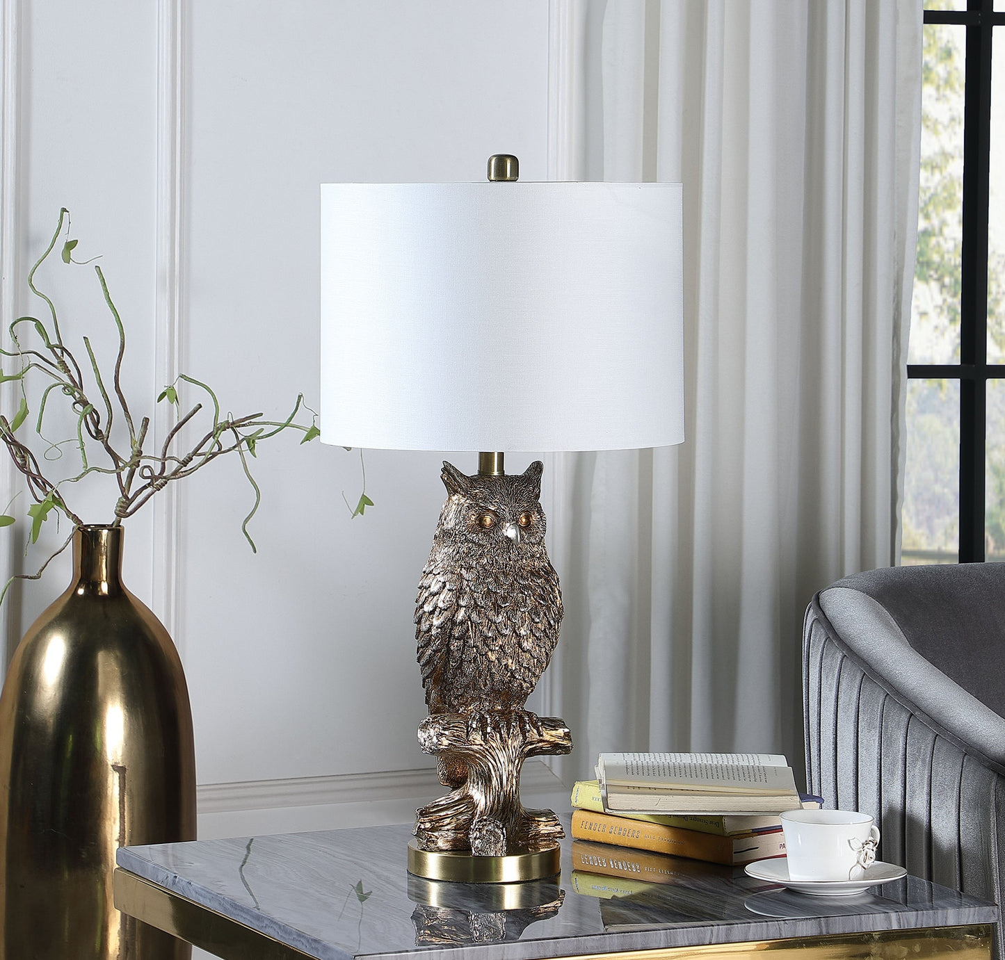 Ore International 28"H Silver Owl On A Branch Resin Table Lamp