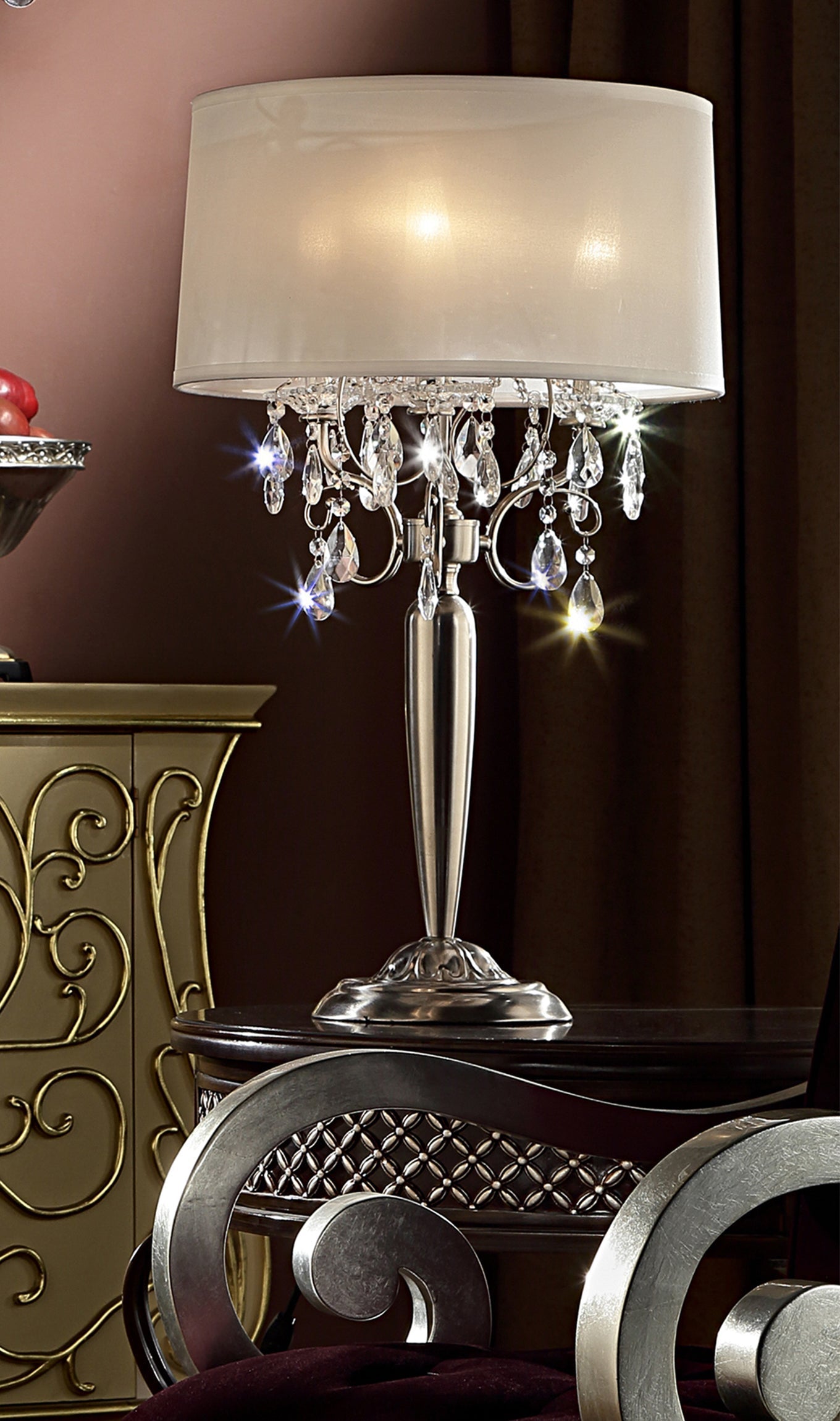 Ore International 29" Brush Silver 3-lights Candelabra Crystal Table Lamp